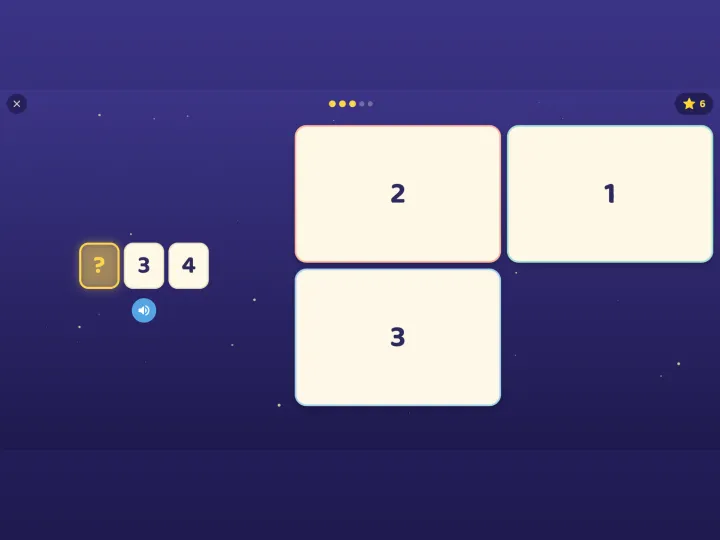 Tähetark number game: learning numbers — find the missing number in the sequence.