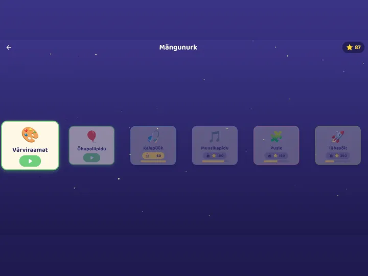 Tähetark game corner: bonus games unlocked with stars earned by learning.